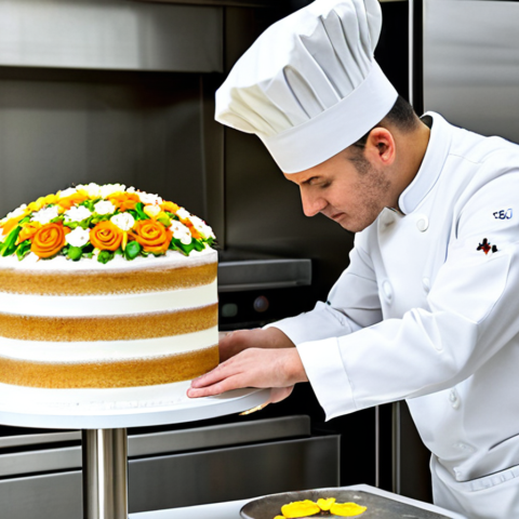 **

"A highly skilled pastry chef, fully clothed in a professional white chef's coat and hat, meticulously decorating a multi-layered cake with intricate sugar flowers. The cake is displayed on a revolving stand in a bright, clean, modern pastry kitchen with stainless steel appliances. Appropriate content, safe for work, perfect anatomy, well-formed hands, proper finger count, natural proportions, professional, modest, family-friendly, high quality, professional photography, detailed."

**
