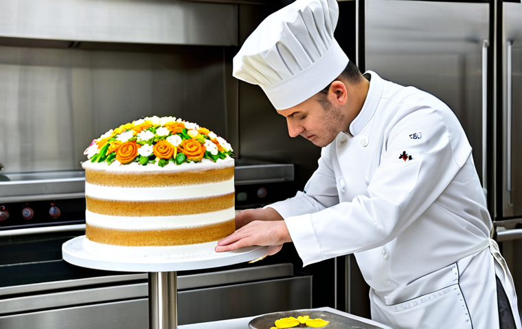 **

"A highly skilled pastry chef, fully clothed in a professional white chef's coat and hat, meticulously decorating a multi-layered cake with intricate sugar flowers. The cake is displayed on a revolving stand in a bright, clean, modern pastry kitchen with stainless steel appliances. Appropriate content, safe for work, perfect anatomy, well-formed hands, proper finger count, natural proportions, professional, modest, family-friendly, high quality, professional photography, detailed."

**
