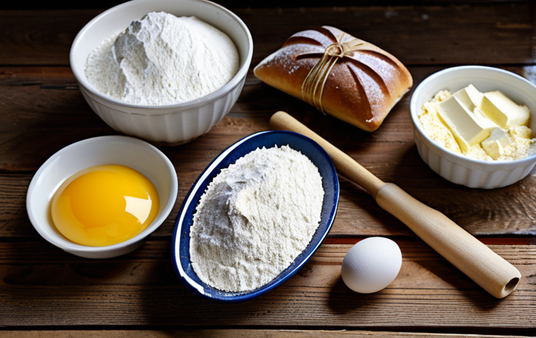Baking Ingredients Still Life**

"A still life photograph of various baking ingredients arranged on a rustic wooden table. Include a bag of flour, fresh eggs in a carton, a stick of softened butter, a bowl of sugar, a measuring spoon filled with baking powder, and a vanilla bean. Soft, natural lighting. Focus on textures and colors. Safe for work, appropriate content, fully clothed (no people present), family-friendly, professional photography, high quality."

**