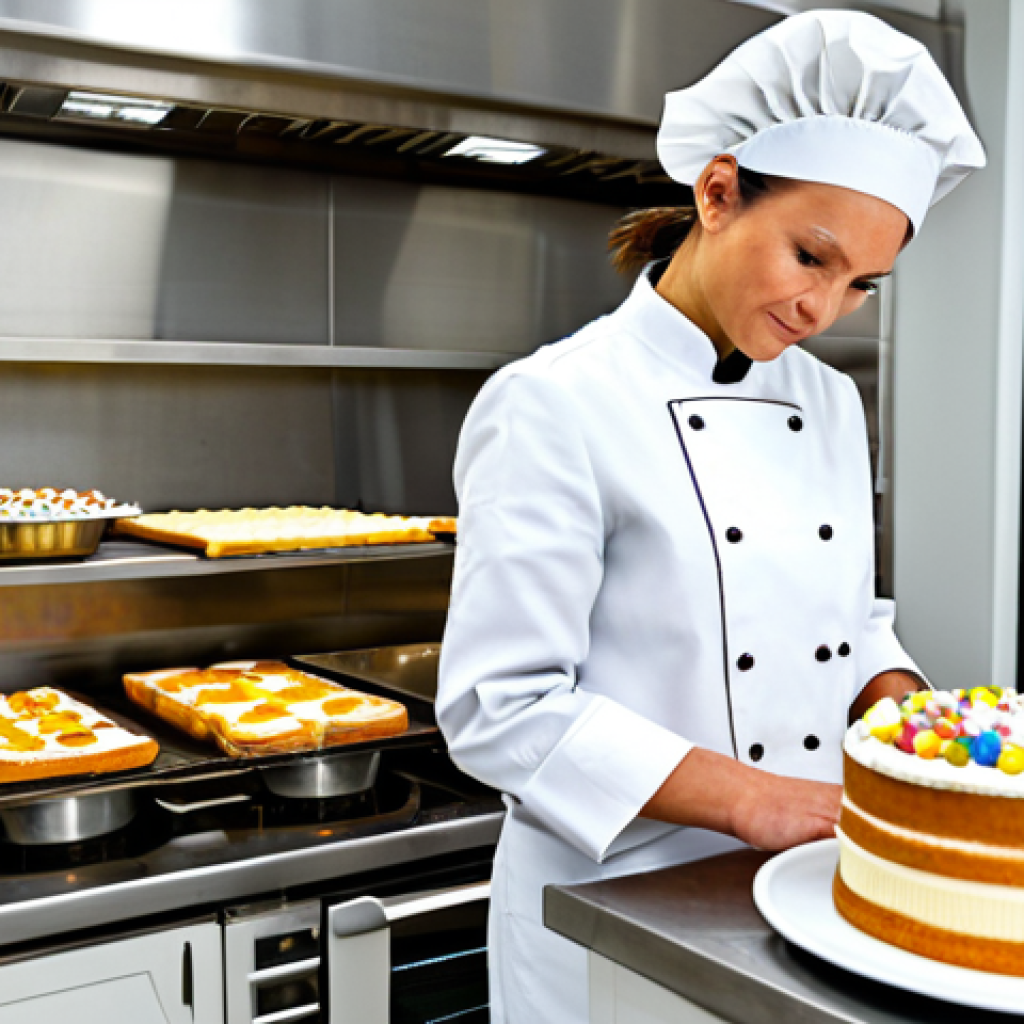 **

A professional female pastry chef in a clean, modern kitchen. She is wearing a pristine white chef's coat and a neat hairnet. She is carefully decorating a large, multi-tiered cake with delicate sugar flowers. The cake is covered in smooth, white frosting. Background includes stainless steel countertops and professional baking equipment. Fully clothed, appropriate attire, safe for work, perfect anatomy, natural proportions, professional food photography, high quality, family-friendly.

**