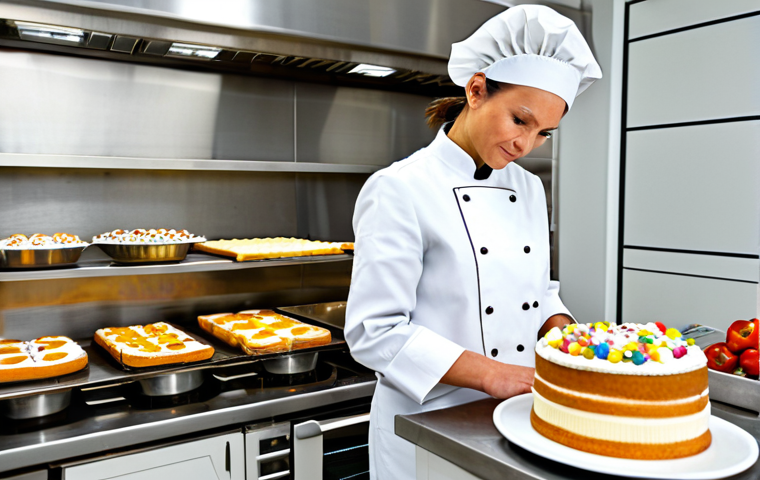 **

A professional female pastry chef in a clean, modern kitchen. She is wearing a pristine white chef's coat and a neat hairnet. She is carefully decorating a large, multi-tiered cake with delicate sugar flowers. The cake is covered in smooth, white frosting. Background includes stainless steel countertops and professional baking equipment. Fully clothed, appropriate attire, safe for work, perfect anatomy, natural proportions, professional food photography, high quality, family-friendly.

**