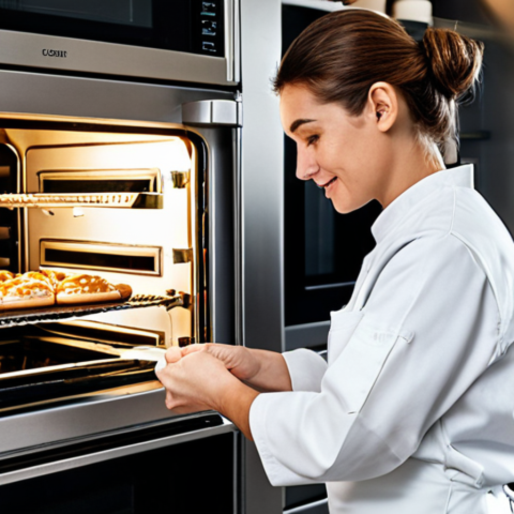 **

A professional pastry chef in a clean, modern kitchen. She is fully clothed in a chef's uniform, adjusting the settings on a convection oven. The kitchen is well-lit and features stainless steel appliances and organized shelves with baking supplies. Safe for work, appropriate content, professional, fully clothed, perfect anatomy, natural proportions, family-friendly.

**