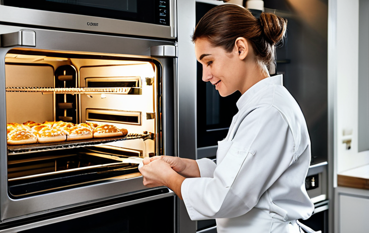 **

A professional pastry chef in a clean, modern kitchen. She is fully clothed in a chef's uniform, adjusting the settings on a convection oven. The kitchen is well-lit and features stainless steel appliances and organized shelves with baking supplies. Safe for work, appropriate content, professional, fully clothed, perfect anatomy, natural proportions, family-friendly.

**