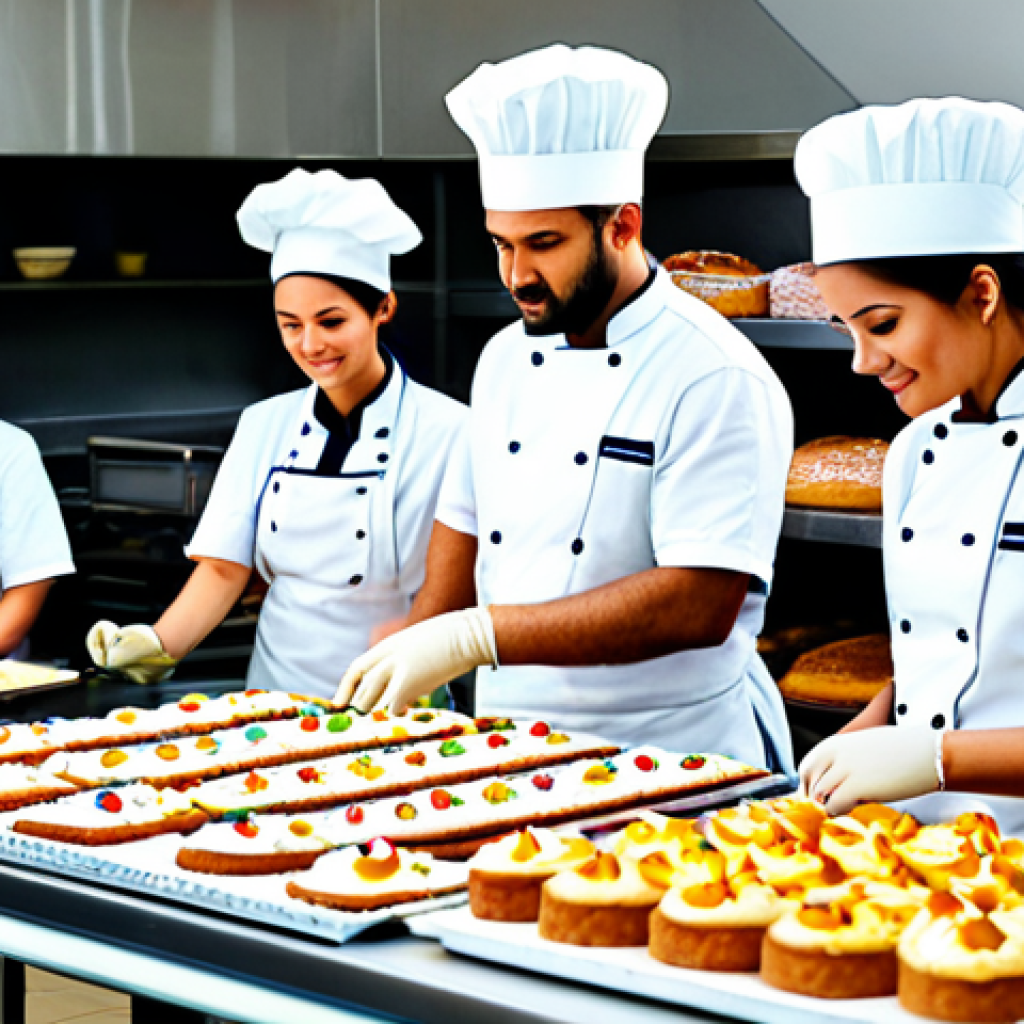 **
A bright and airy professional bakery interior, featuring a diverse team of bakers in modest chef uniforms. Focus on a baker carefully decorating a multi-layered cake with frosting. Shelves filled with colorful pastries and breads in the background. "Safe for work", "appropriate content", "fully clothed", "professional", "perfect anatomy", "correct proportions", "natural pose", "well-formed hands", "proper finger count", "natural body proportions", "high quality photography", "family-friendly".
**