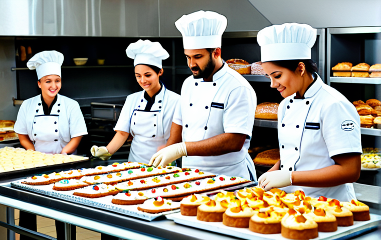 **

A bright and airy professional bakery interior, featuring a diverse team of bakers in modest chef uniforms. Focus on a baker carefully decorating a multi-layered cake with frosting. Shelves filled with colorful pastries and breads in the background. "Safe for work", "appropriate content", "fully clothed", "professional", "perfect anatomy", "correct proportions", "natural pose", "well-formed hands", "proper finger count", "natural body proportions", "high quality photography", "family-friendly".

**