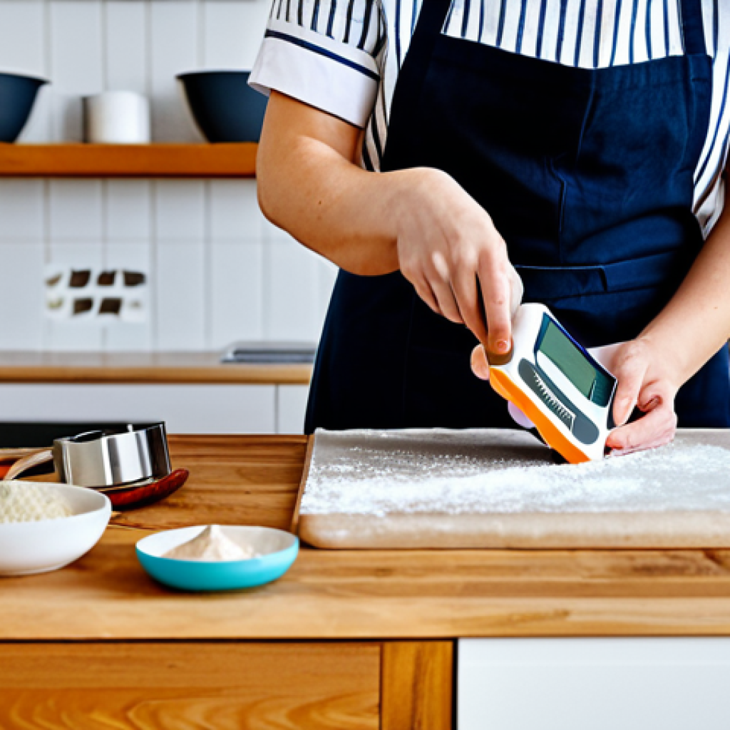 Baking Preparation**
A well-organized kitchen workspace with baking tools and ingredients neatly arranged. A person, fully clothed in a chef's apron, is carefully measuring ingredients with a digital scale. Background includes cookbooks and a recipe plan. Safe for work, appropriate content, professional, perfect anatomy, correct proportions, well-formed hands, natural lighting, high resolution.
**