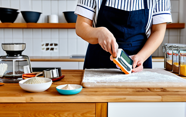 Baking Preparation**

A well-organized kitchen workspace with baking tools and ingredients neatly arranged. A person, fully clothed in a chef's apron, is carefully measuring ingredients with a digital scale. Background includes cookbooks and a recipe plan. Safe for work, appropriate content, professional, perfect anatomy, correct proportions, well-formed hands, natural lighting, high resolution.

**
