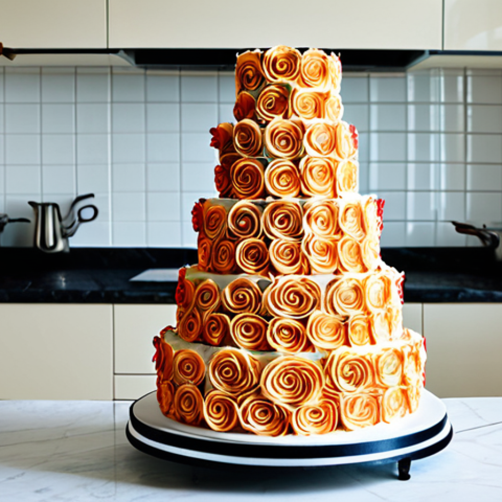 **
A skilled baker, fully clothed in a crisp white chef's coat, carefully decorates a towering multi-tiered cake with intricate buttercream roses in a bright, modern kitchen. The cake is the centerpiece, showcasing perfect symmetry and vibrant colors. Professional, safe for work, appropriate content, perfect anatomy, well-formed hands, proper finger count, natural proportions.
**