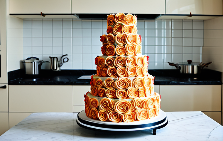**

A skilled baker, fully clothed in a crisp white chef's coat, carefully decorates a towering multi-tiered cake with intricate buttercream roses in a bright, modern kitchen. The cake is the centerpiece, showcasing perfect symmetry and vibrant colors. Professional, safe for work, appropriate content, perfect anatomy, well-formed hands, proper finger count, natural proportions.

**