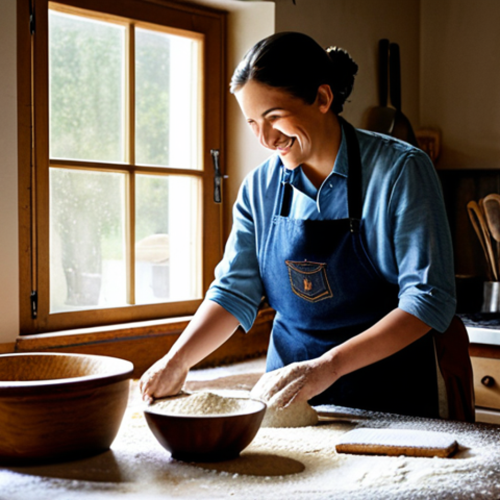 **Image Prompt 1: Flour Magic**
A baker in a cozy, rustic kitchen sifting flour, with various types of flour displayed in jars (wheat, rye, corn). Sunlight streams through the window illuminating the scene. Wooden bowls and baking tools are scattered around. The baker is wearing a clean apron and a warm smile. safe for work, appropriate content, fully clothed, professional photography, high quality, perfect anatomy, natural proportions, modest attire, family-friendly.