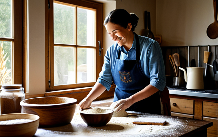 **Image Prompt 1: Flour Magic**

    A baker in a cozy, rustic kitchen sifting flour, with various types of flour displayed in jars (wheat, rye, corn). Sunlight streams through the window illuminating the scene. Wooden bowls and baking tools are scattered around. The baker is wearing a clean apron and a warm smile. safe for work, appropriate content, fully clothed, professional photography, high quality, perfect anatomy, natural proportions, modest attire, family-friendly.