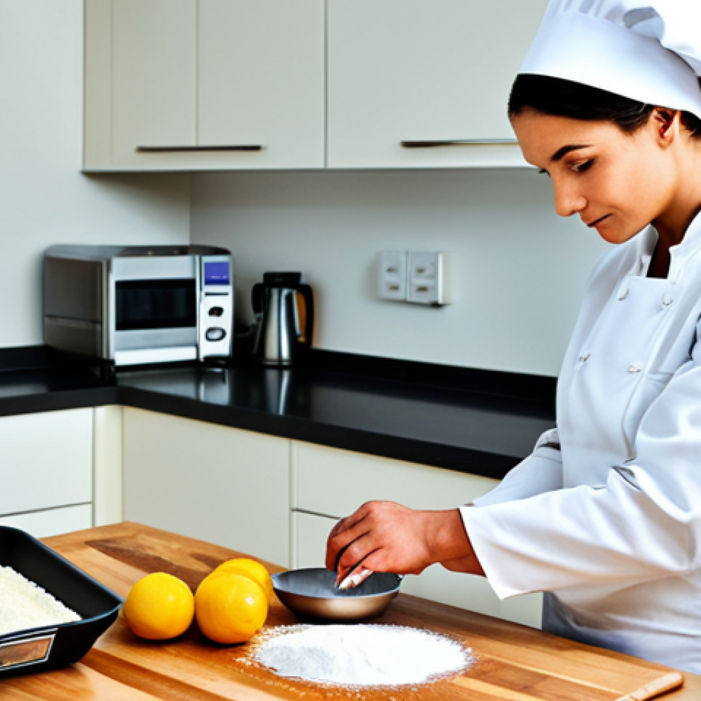 제과제빵 자격증 합격률 높이는 법 - **Prompt:** A baker in a clean, well-lit kitchen, carefully measuring ingredients with digital scale...