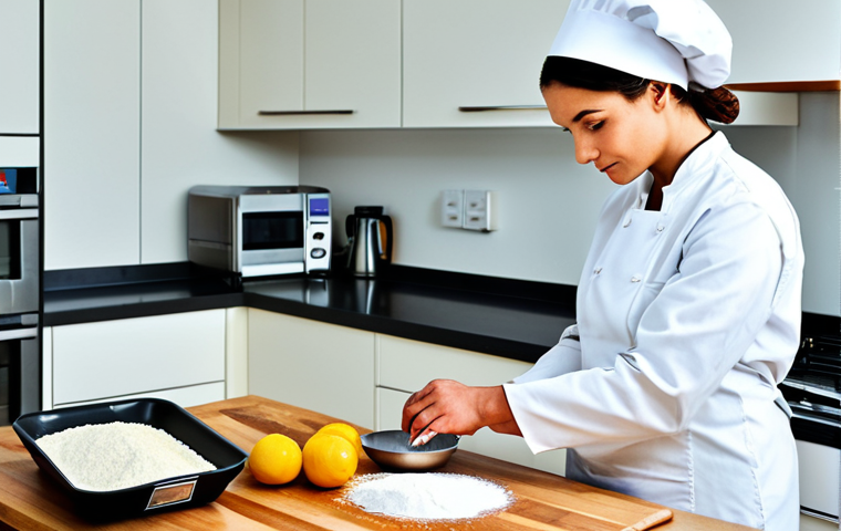 제과제빵 자격증 합격률 높이는 법 - **Prompt:** A baker in a clean, well-lit kitchen, carefully measuring ingredients with digital scale...