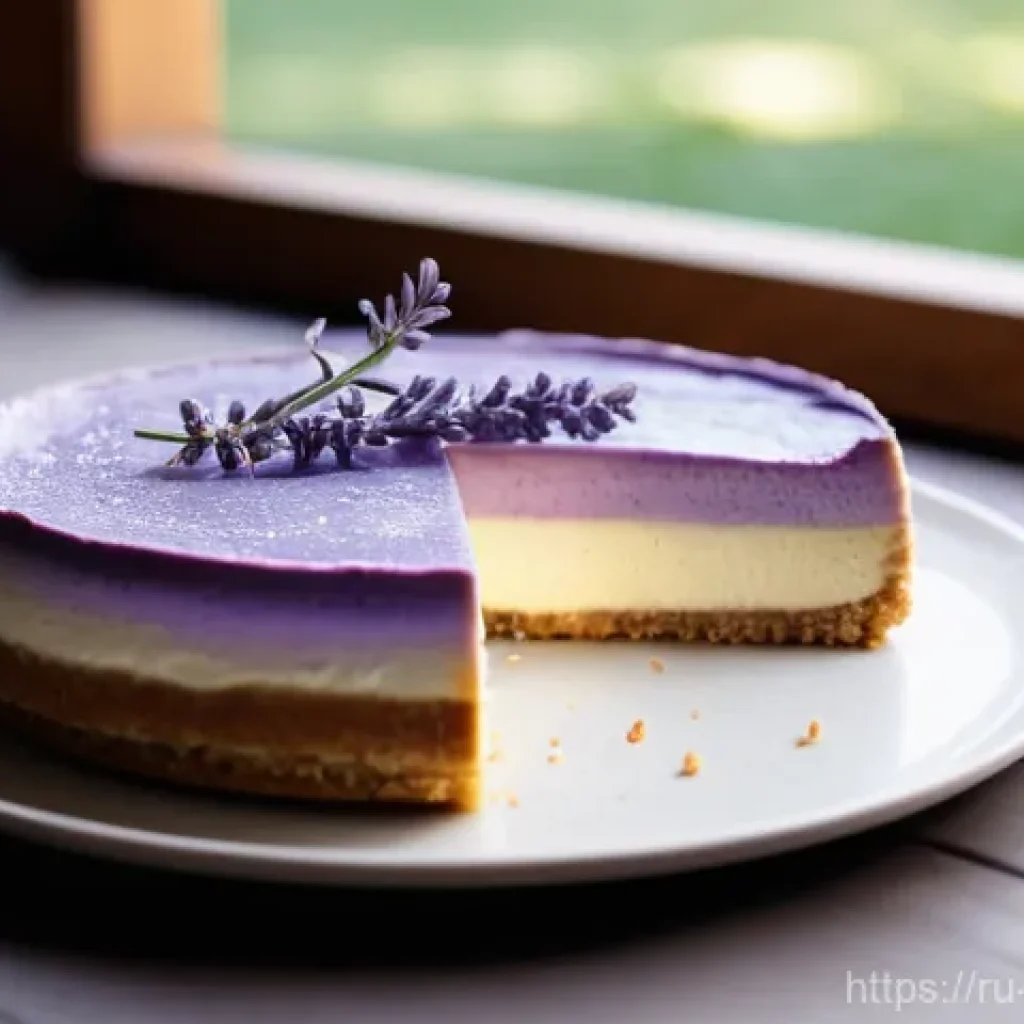 제과제빵 취업 시 필요한 포트폴리오 - **Prompt:** A meticulously crafted, multi-layered lavender cheesecake, presented on a minimalist woo...