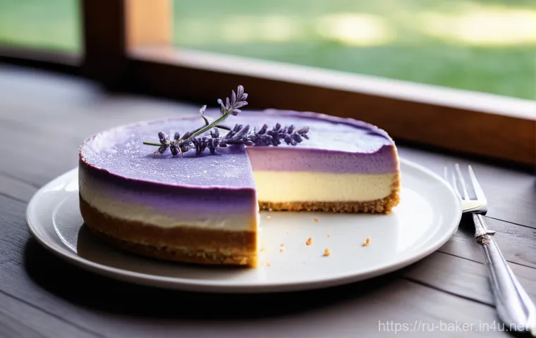 제과제빵 취업 시 필요한 포트폴리오 - **Prompt:** A meticulously crafted, multi-layered lavender cheesecake, presented on a minimalist woo...