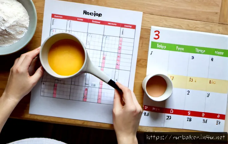 Home 11 제과제빵 자격증 학습 스케줄 추천 - Photorealistic overhead view of a Russian home baker’s weekly study routine, adult student at a clea...